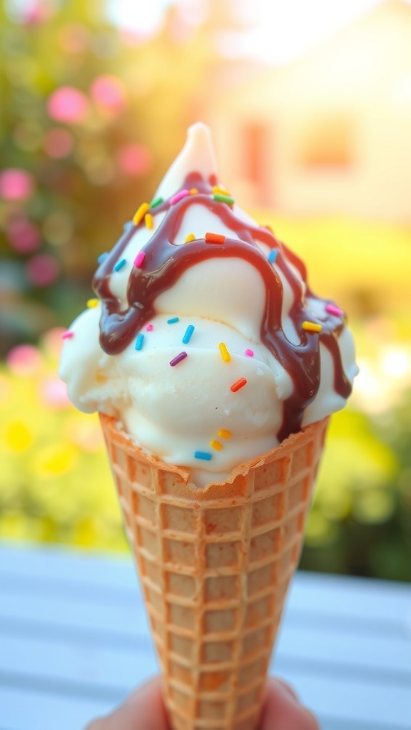 A delicious scoop of vanilla ice cream in a cone with chocolate sauce and sprinkles.
